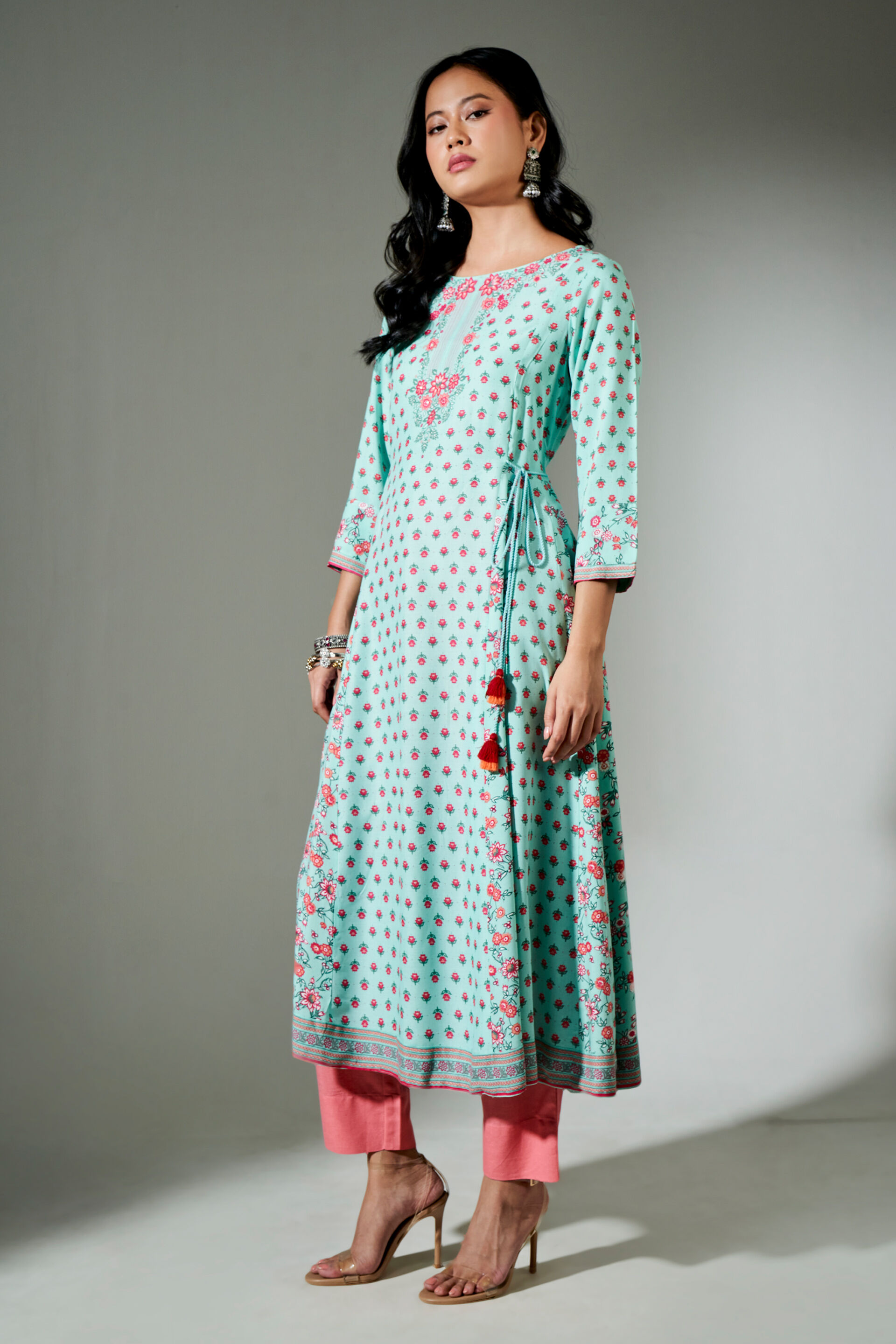 Aqua Floral Printed Kurta, Aqua, image 2